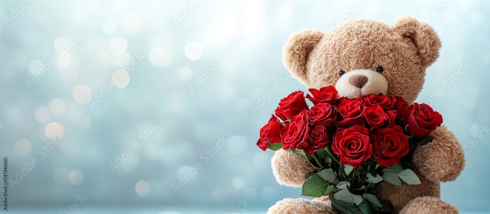 3d a teddy bear holding bouquet of red roses, light blue background ...