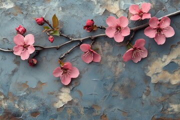 Wall Mural - Beautiful peach blossoms on the branches, an oil painting with a gray background, springtime.