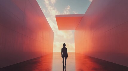 Aufkleber - Engage with innovative virtual art installations while avatars navigate a stunning digital landscape at sunset. Generative AI