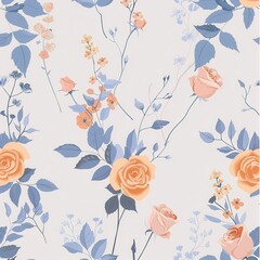 Leinwandbilder - Floral pattern featuring soft orange roses and delicate blue leaves on a light background. Generative AI