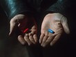 © VexoraImages - Hands offering choice between red and blue pill representing matrix dilemma. Election concept
