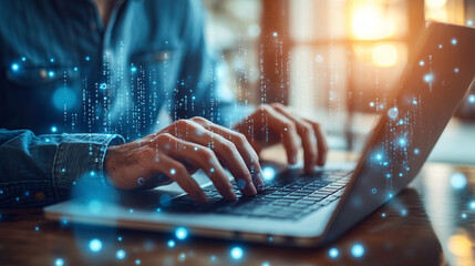 Closeup of hands typing on the laptop, coder or programmer at his job. blue digital codes and scripts of information, binary html text and numbers, web development occupation worker.