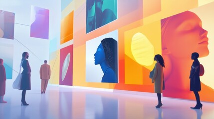 Aufkleber - Visitors explore a virtual gallery filled with colorful digital artworks and unique avatars, engaging with the immersive environment. Generative AI