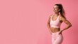 © schiers_images - Cheerful and confident woman wearing a pink sporty outfit, expressing motivation and fitness amidst a pink minimalist backdrop, ideal for promoting an active lifestyle.