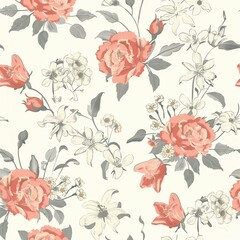 Leinwandbilder - Floral pattern featuring roses and lilies in soft hues on a light background. Generative AI
