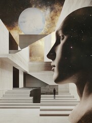 Fototapete - Step into a virtual gallery where stunning artworks and avatars come to life against a backdrop of cosmic wonders and unique architecture. Generative AI