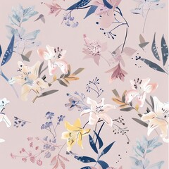 Poster - Beautiful floral pattern featuring pastel colors and delicate blooms on a soft pink background. Generative AI