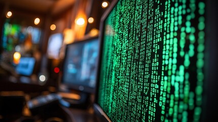 Close-up of a computer screen displaying green coding.