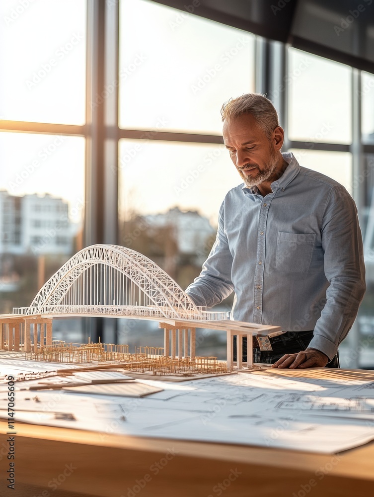 Engineer Bridge Model Civil engineer evaluates bridge model during creative development ...