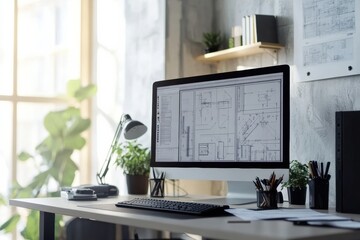 Leinwandbilder - Modern engineering desk setup featuring a computer monitor with blueprints and a well lit workspace. Generative AI