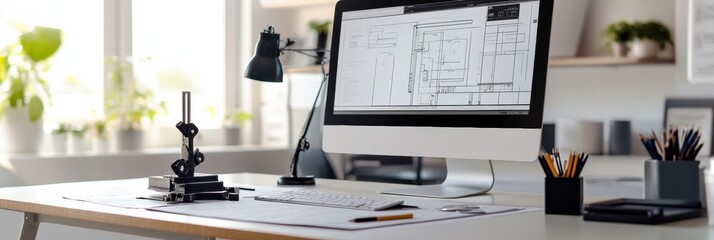 Leinwandbilder - Modern engineering desk setup with architectural plans and bright natural light. Generative AI