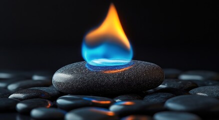 Poster - Creative display of a glowing blue stone ignited on dark pebbles in a serene and calm environment