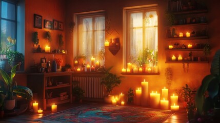 Wall Mural - Cozy room, candlelight, plants, shelves, warm ambiance.