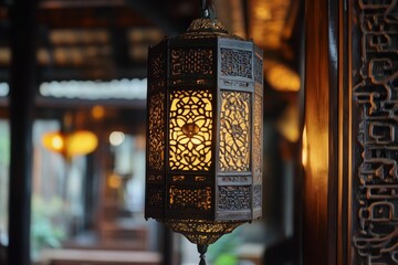 Wall Mural - Ornate hanging lamp, illuminated, intricate design.