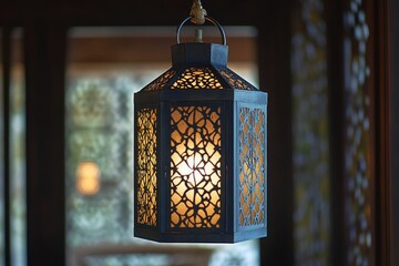 Poster - Intricate hanging lantern, glowing, ornate design.