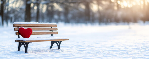 Wall Mural - red heart shaped cushion lying on snow covered bench in a park during sunset, concept of love and va