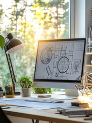 Aufkleber - Modern engineering desk with copy space for project plans and designs in a well lit workspace. Generative AI