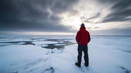 Wall Mural - european scientist observing melting arctic ice during a cloudy sunset in the arctic tundra