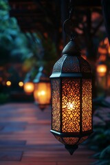 Wall Mural - Ornate lanterns glow warmly in a dark garden.