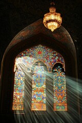 Wall Mural - Sunbeams illuminate colorful stained-glass window.