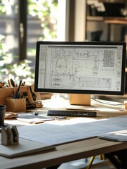 Leinwandbilder - Modern engineering desk with detailed blueprints and organized workspace for creative design projects. Generative AI