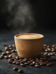 Poster - Cup of steaming coffee surrounded by aromatic coffee beans on dark surface in cozy atmosphere. Generative AI