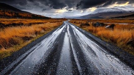 Canvas Print - Wet gravel road through autumnal landscape under dramatic sky.