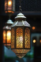 Poster - Ornate hanging lamp, illuminated, intricate design.