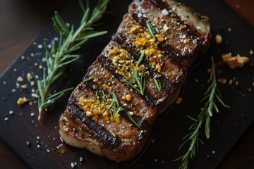 Sticker - Grilled steak seasoned with herbs and spices on a wooden board in a rustic setting prepared for a gourmet dining