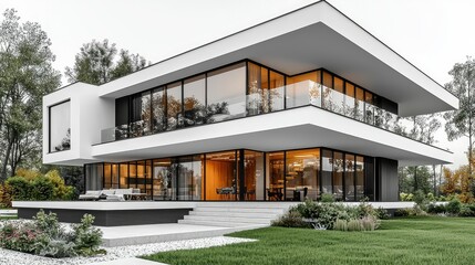 Wall Mural - Modern house with large windows, sleek design, and landscaped garden.