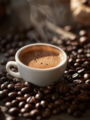 Leinwandbilder - Close up view of steaming coffee cup surrounded by scattered coffee beans. Generative AI