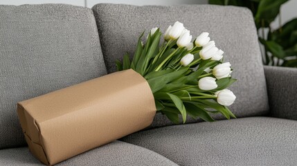 Wall Mural - White tulips in brown paper on grey couch.