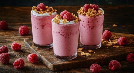 Canvas Print - Delicious raspberry smoothies topped with whipped cream and granola arranged on a wooden surface with fresh