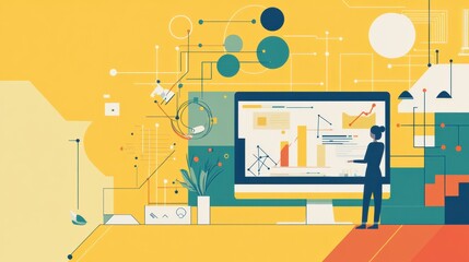 Fototapete - Collaboration between human and AI in a modern workspace with data analysis. Generative AI
