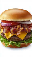 Wall Mural - Juicy burger with crispy bacon, fresh vegetables, and melted cheese served on a soft bun