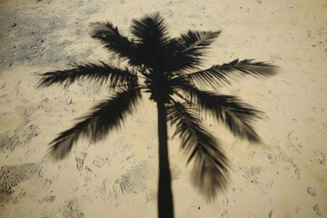 Poster - Serenity of the beach at midday with a single palm tree silhouetted against the bright sun and clear blue sky