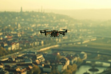 Fototapete - Automated drones controlled by AI conduct deliveries and monitoring over a city landscape during sunset. Generative AI