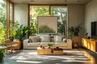 © ArtCookStudio - Sunlight streaming into a modern living room with indoor plants and cozy furniture creating a serene atmosphere