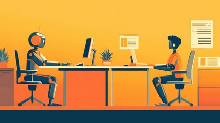 Fototapete - Collaboration between human and robot at a workspace focusing on innovative project development. Generative AI