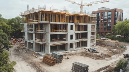 Wall Mural - Construction site of residential building with cranes