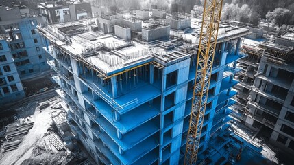 Wall Mural - High-rise building under construction with scaffolding and crane