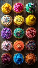 Wall Mural - Assortment of colorful cupcakes arranged in neat rows showcasing various frosting styles and flavors on a rustic