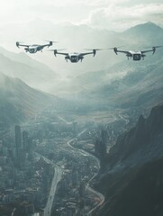 Fototapete - Automated AI drones monitoring a city landscape and delivering goods in a picturesque mountainous setting. Generative AI