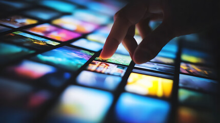 close-up of a finger scrolling through a vibrant grid of colorful images on a digital screen. a conc