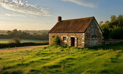 Wall Mural - Stone cottage in rural setting during golden hour