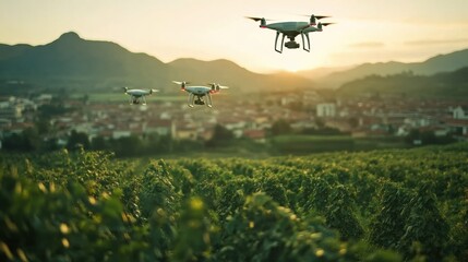 Fototapete - Automated drones navigate over vineyards in a rural landscape at sunset for delivery and monitoring tasks. Generative AI