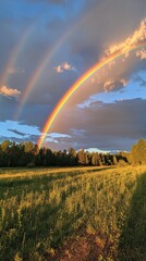 Sticker - Beautiful rainbow arching over a tranquil valley at sunset with vibrant colors illuminating the landscape in the