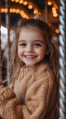 Joyful child enjoying a carousel ride in an amusement park during the festive evening lights