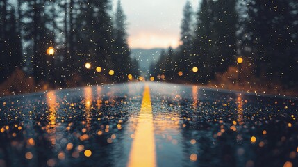 Canvas Print - Wet road at dusk with bokeh lights and rain.