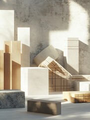 Aufkleber - Construction materials arranged artistically on a surface showcasing texture and modern design elements in natural light. Generative AI